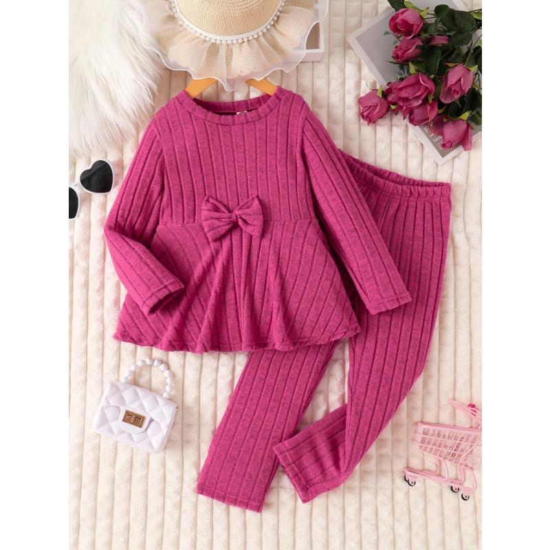 Chic Girls' Bow-Knot Long Sleeve Dress & Pants Set - Cozy Fleece-Lined, Solid Color, Machine Washable - Perfect for Fall/Winter, Perfect for Outdoor