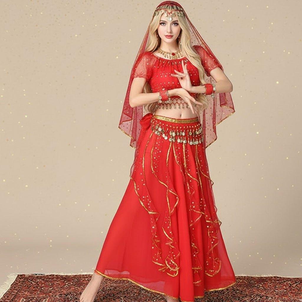 Short Sleeve Choli Top Maxi Swing Skirt 7-Piece Sari Performance Outfit Women's Bollywood Indian Dance Costume Set