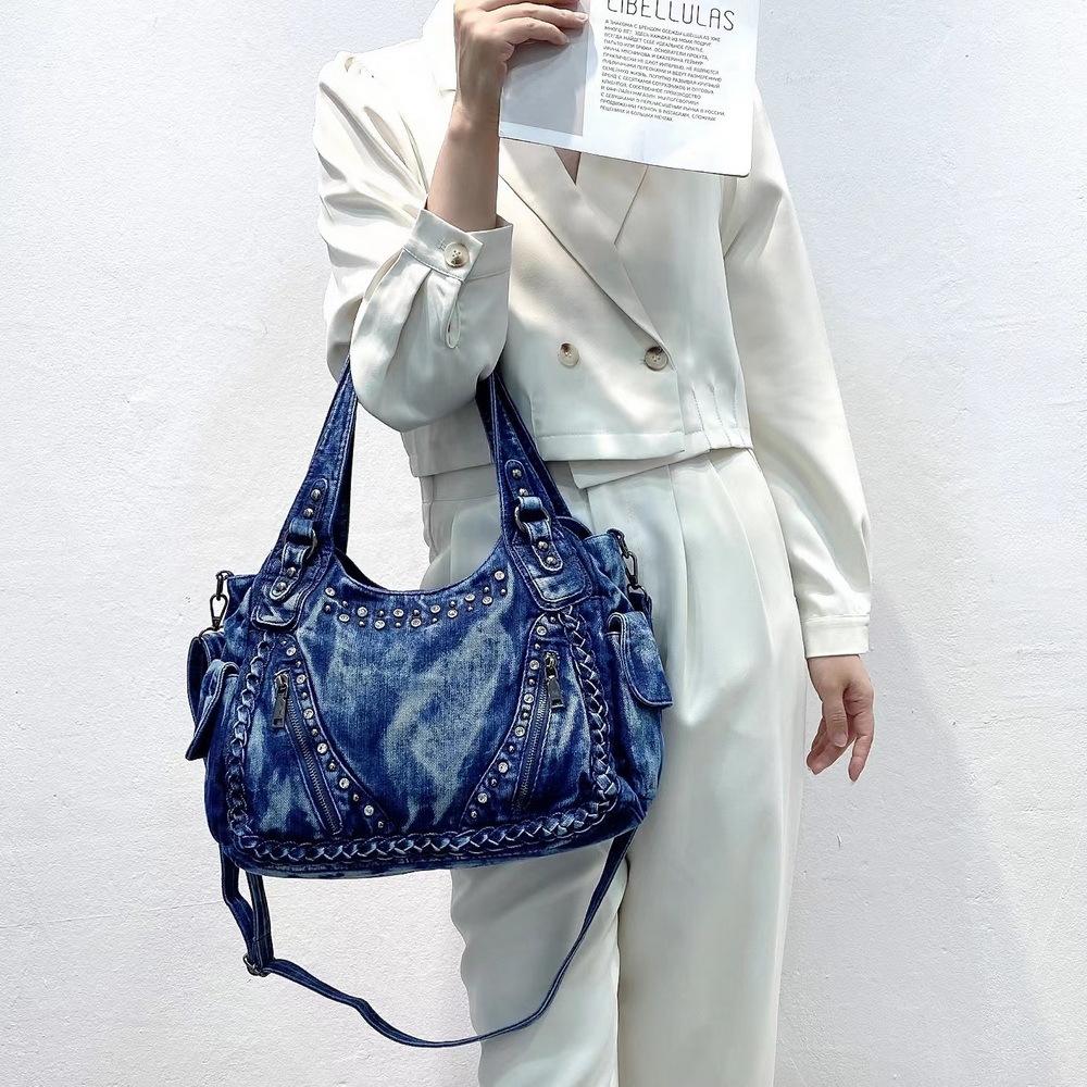 Bags Women'S Bags One Shoulder Oblique Span Handbags Large Capacity Casual Diamond-Encrusted Denim Bags