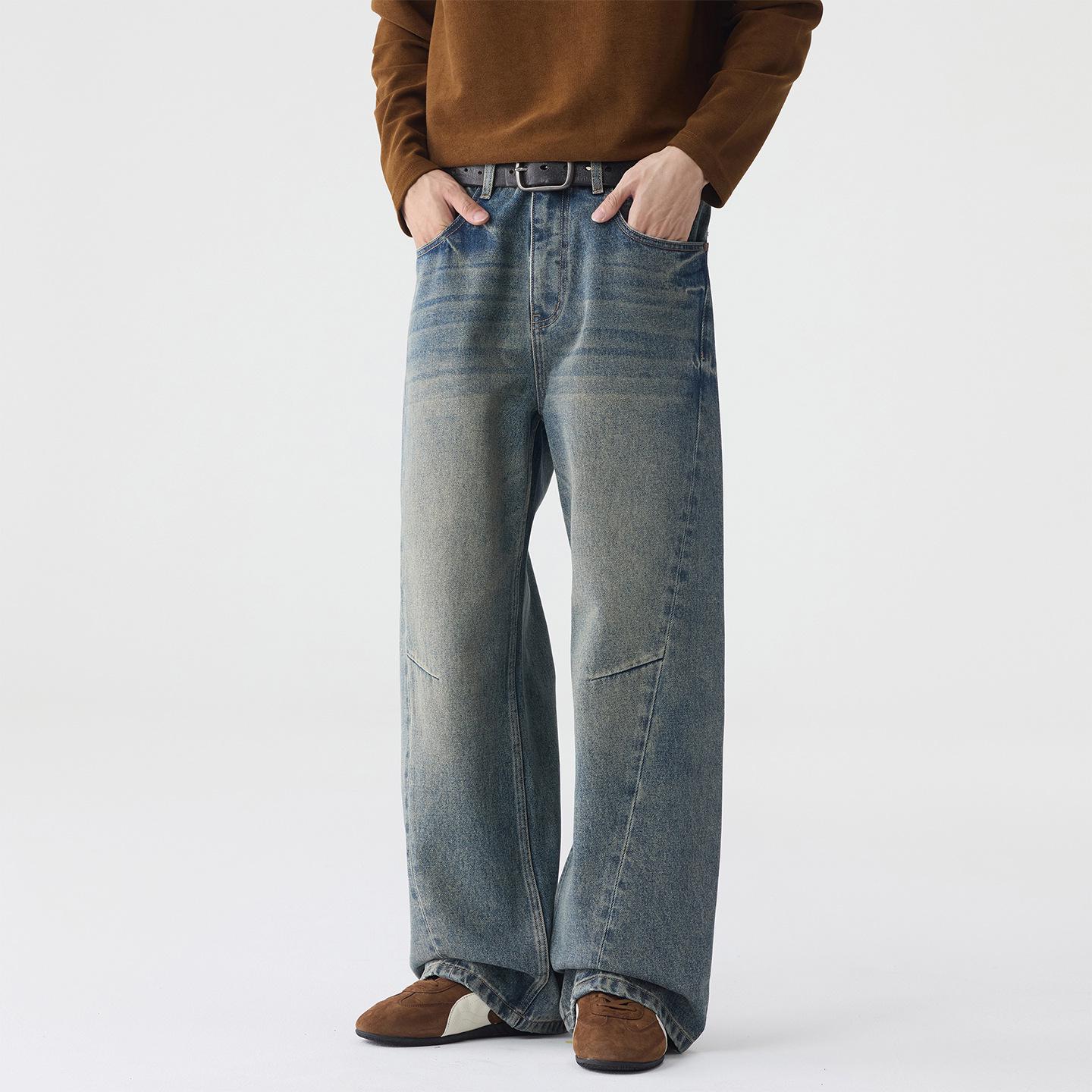 

Мужские джинсы из денима свободного кроя с широкими штанинами, синие, вываренные, в стиле ретро, осень 2025 Size 28