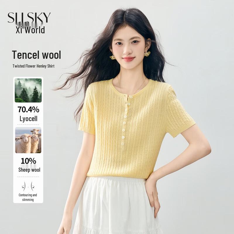 SLLSKY Women s Lyocell Blend Round Neck Short Sleeve Cable Knit Top S