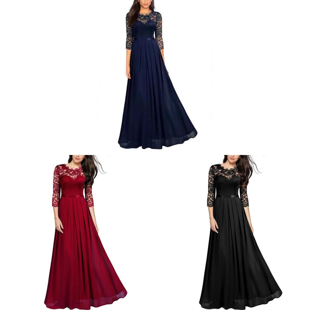 Elegante Abito Lungo in Pizzo da Donna con Tessuto in Chiffon Giuntato per Eventi Formali