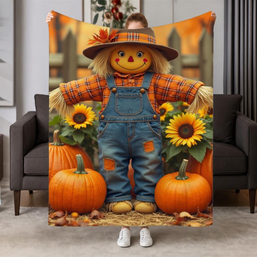 Cozy Autumn Scarecrow Flannel Throw Blanket - Soft And Warm with Pumpkin Patch And Sunflower Design, Ideal for Couch, Bed, Office & Travel, Perfect Fa