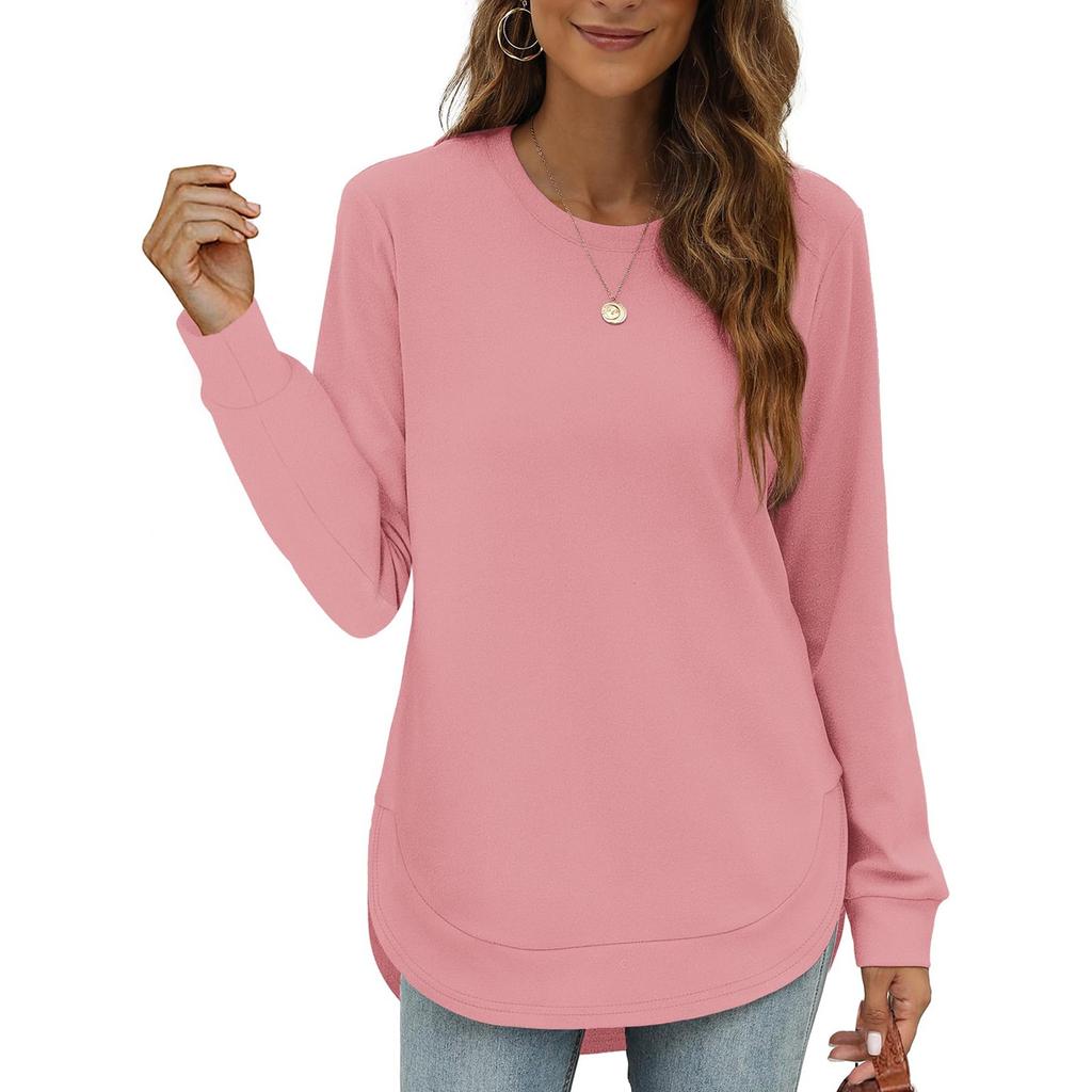 Women's Casual Fashion Round Neck Loose T-Shirt Solid Colour Long Sleeve Top