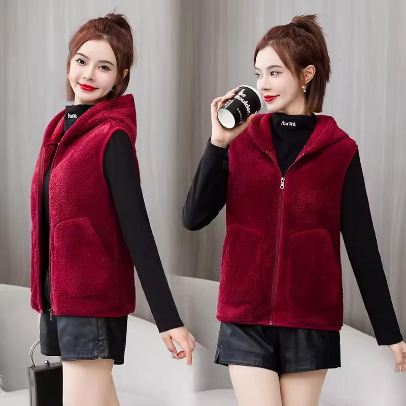 Hooded Fleece Vest Jacket Autumn Winter Women Sleeveless Jacket Lady Casual Warm Soft Waistcoat Female