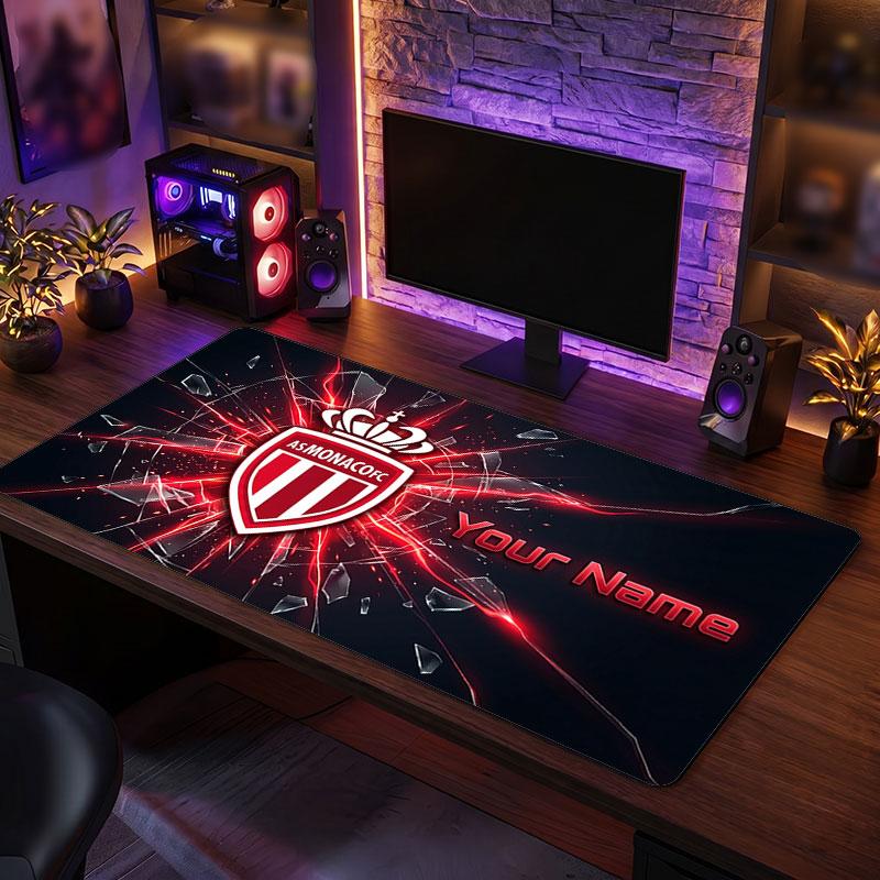 Monaco FC Custom Large Mouse Pad, Personalized Name Text Print, Football Logo Non‑Slip Desk Mat Gaming Gift