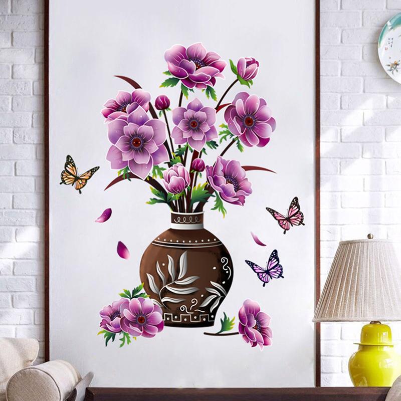 

Романтическая ваза с цветами и бабочками, наклейки на стену, украшение для спальни, фон для комнаты, настенная бумага, самоклеящиеся стеклянные плакаты на холодильник 45x60cm