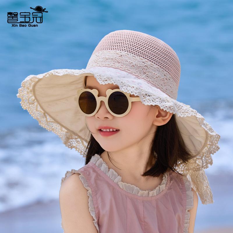 Children's Hat Summer Outdoor Travel Sunscreen Hat Hollow Breathable Straw Visor Lace Large Brim Bucket Hat