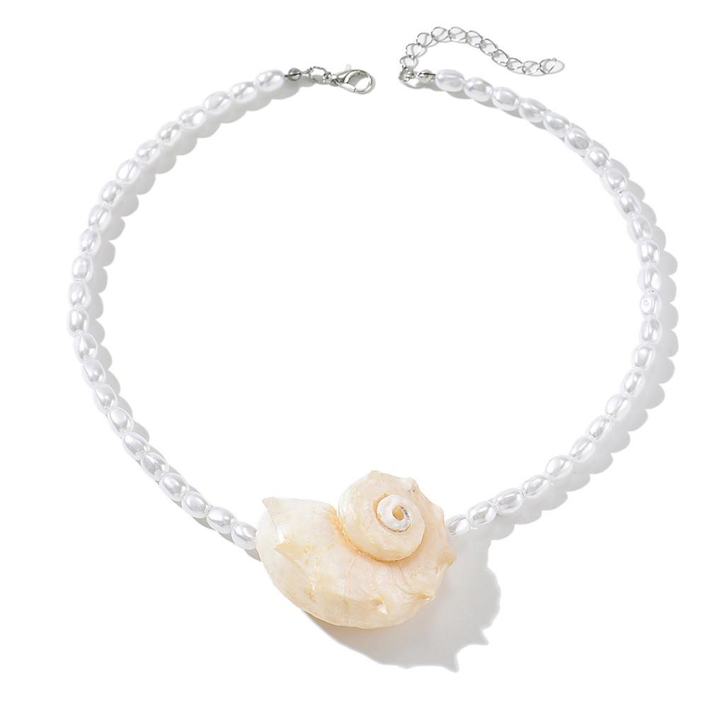 Vintage Pearl Necklace With Natural Shell Pendant For Summer Beach Casual Wear