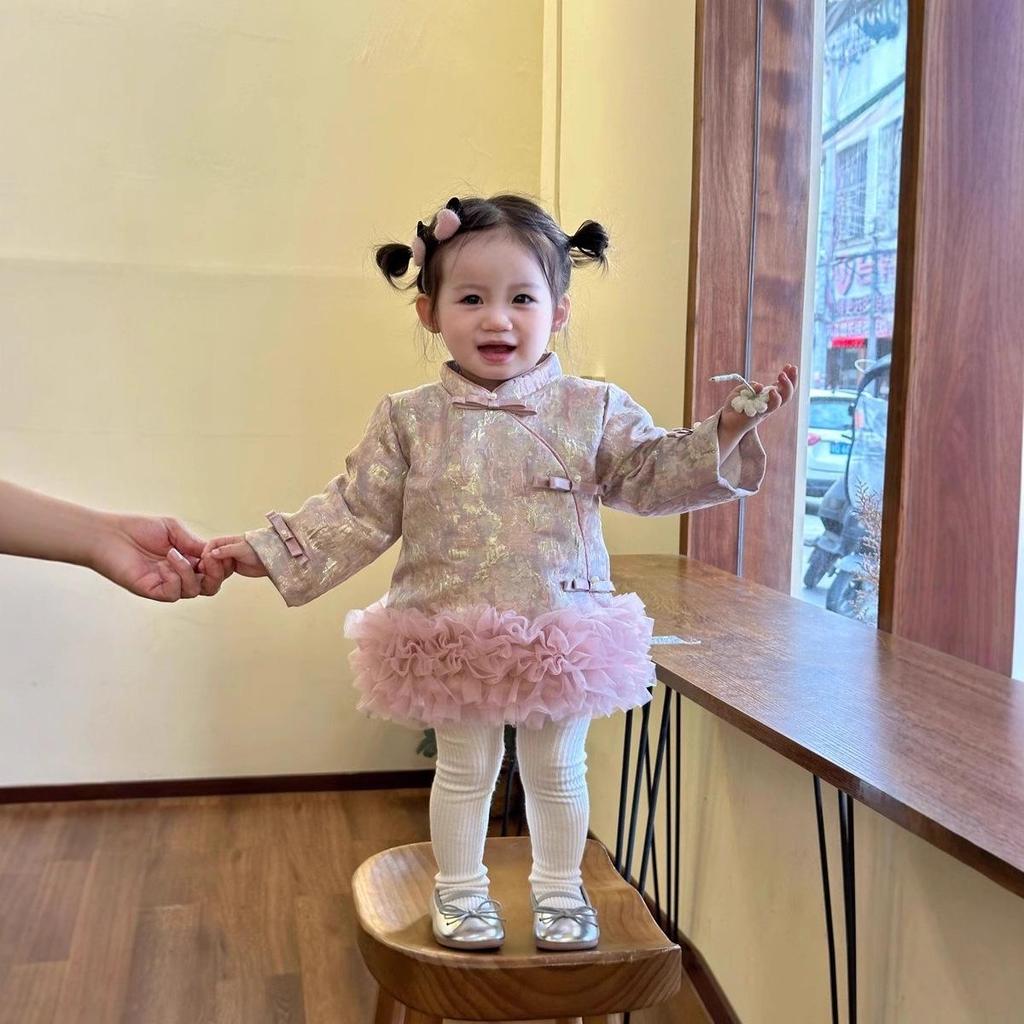 Winter Floral Patchwork Mesh Dress for Girls: Retro Chinese Style