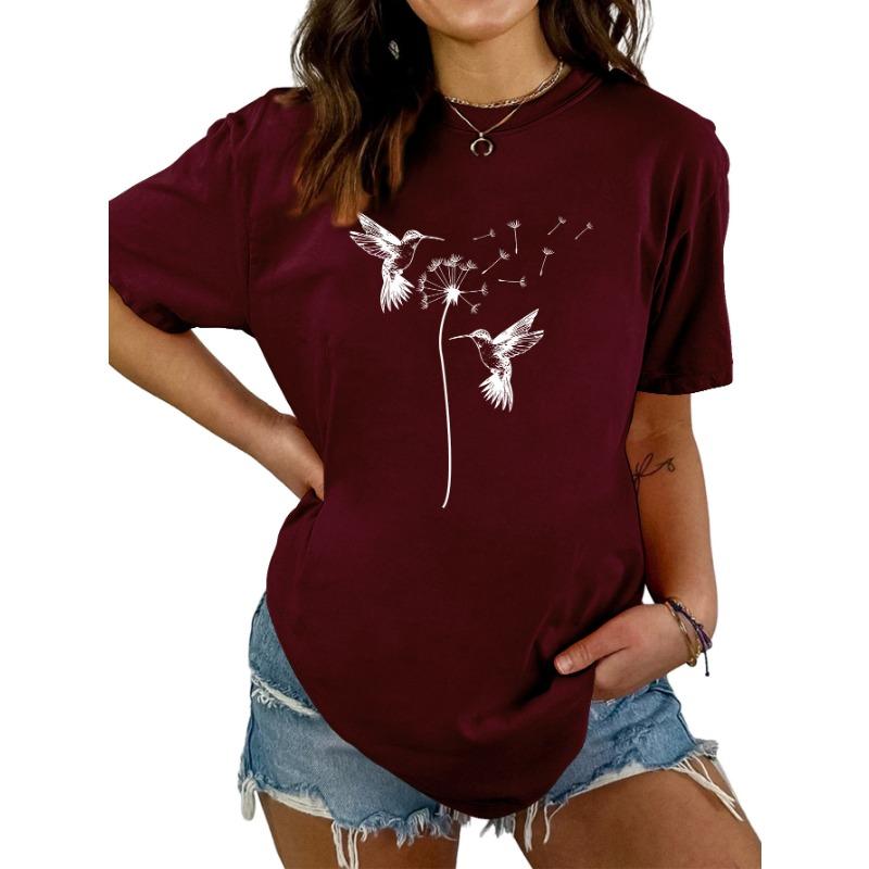 Sommer Rundhals Zwei Vogelmuster Druck Top Modische Lässige Kurzarm Damen T-Shirts
