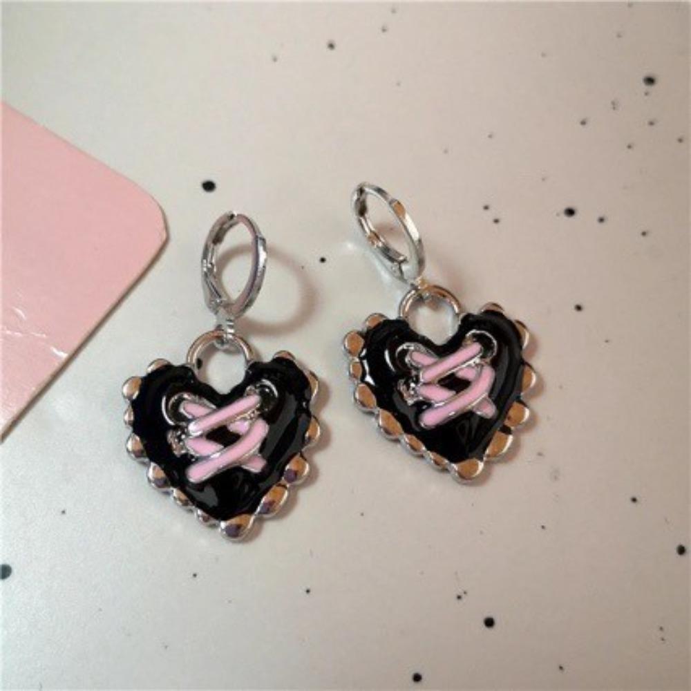 Korea Temperament Dopamine Pink Cross Heart Pendant Hoop Earrings for Women Gothic Hip-hop Party Stainless Steel Jewelry Gifts