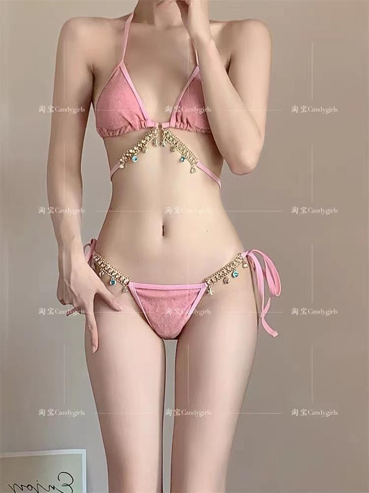 Swimsuit Female Mermaid Chain Pure Desire Style Three-point Neck Strap Triangle Bikini Sexy Vacation L