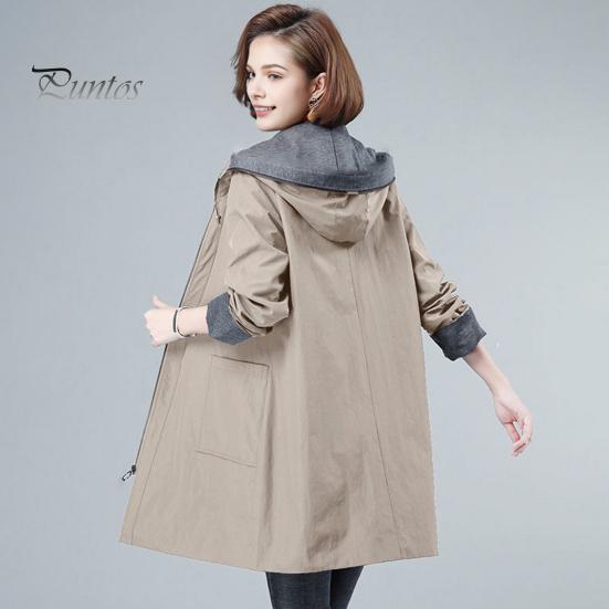 Long Length Jacket Spring Fall Women Hooded Sleeves Drawstring Plus Size Pockets Zipper Lady Closure Coat Windbreaker Mid Solid Color Big Windproof