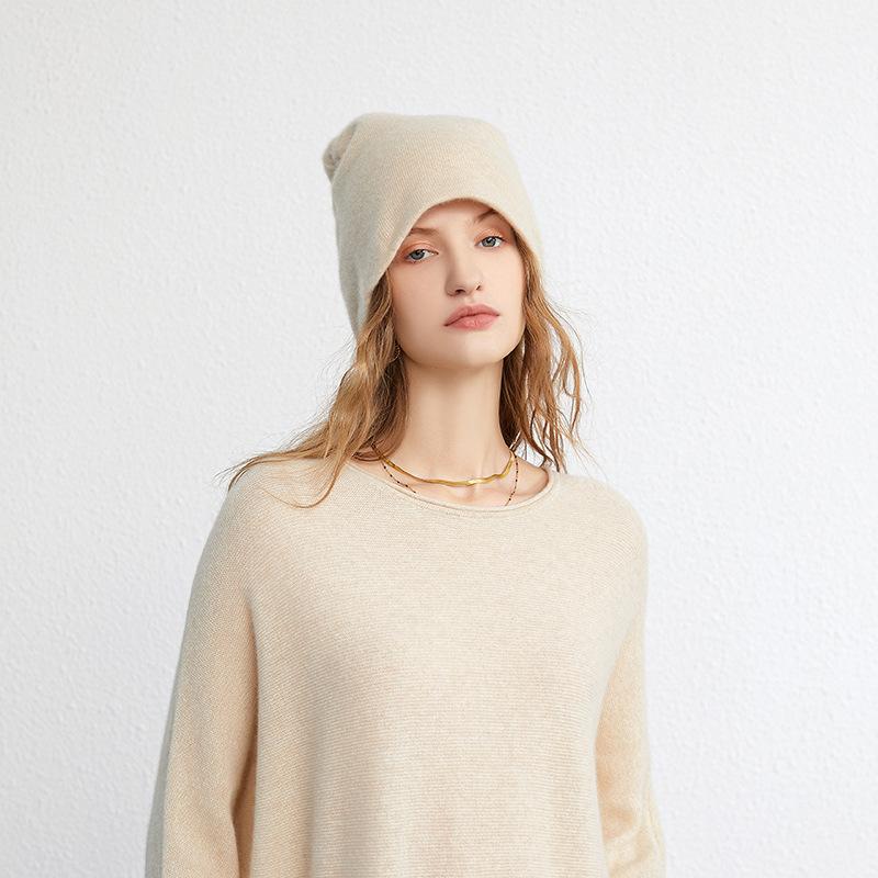 Pure Cashmere Autumn and Winter New Women's Simple Solid Color Pile Hat Warm Toe Knitted Hat