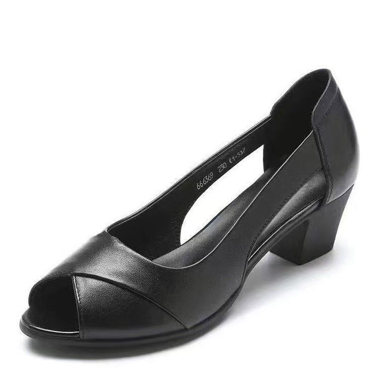 Women's Summer New Block Heel Peep Toe Leather Sandals Soft Sole Non Slip Hollow Out Light Shallow Slip On Middle Aged Sandals