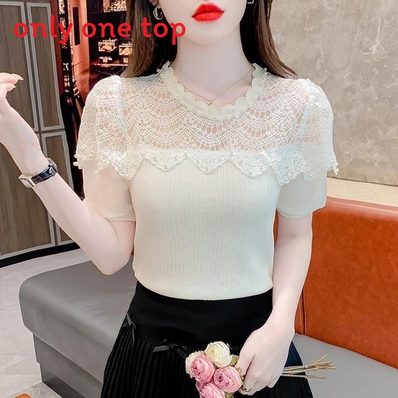 Designer Pearl Embellished Lace Spliced Chiffon Blouse For Summer Casual Wear