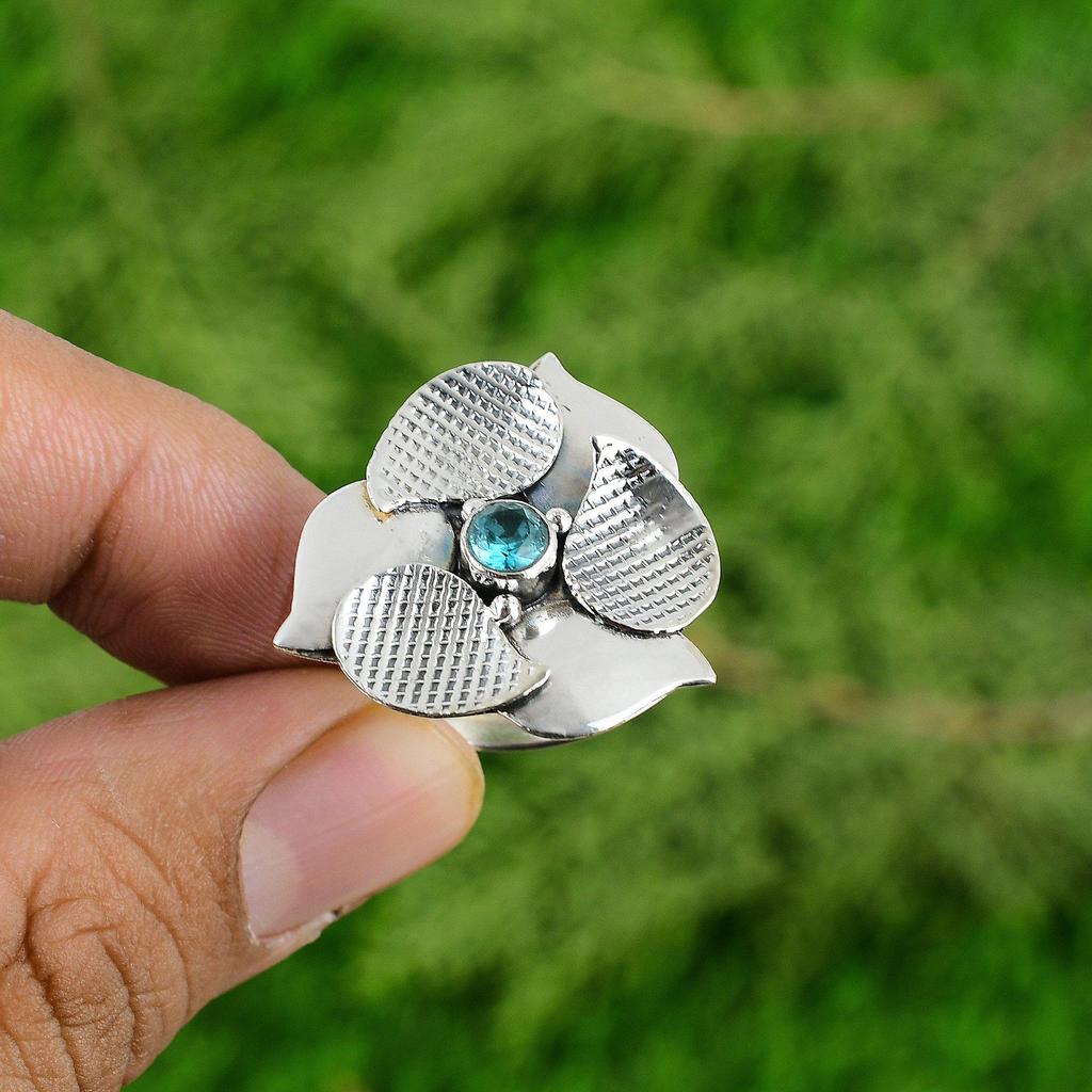 Natural Swiss Blue Topaz 925 Silver Stackable Flower Adjustable Ring For Girls