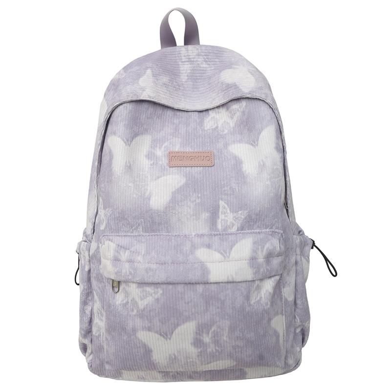 Women's Butterfly Printed Backpack Corduroy Student School Bag Large Capacity Class Backpack