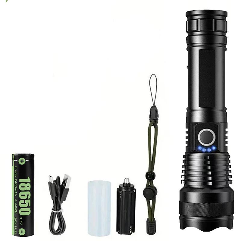 High Power LED Flashlight Rechargeable - Long Range Torch with Telescopic Zoom, Bright Self-Defense Flashlight for Outdoor Use
