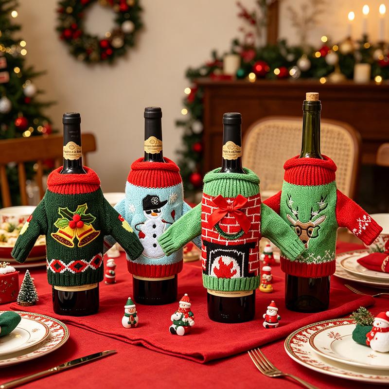 Christmas Wine Bottle Covers - Festive Knitted Decorations for Holiday Table Setting