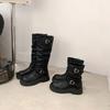 Autumn and winter new height increase cm~ two kinds of tube height retro round head thick heel buckle belt medium tube boots knight boots short tube