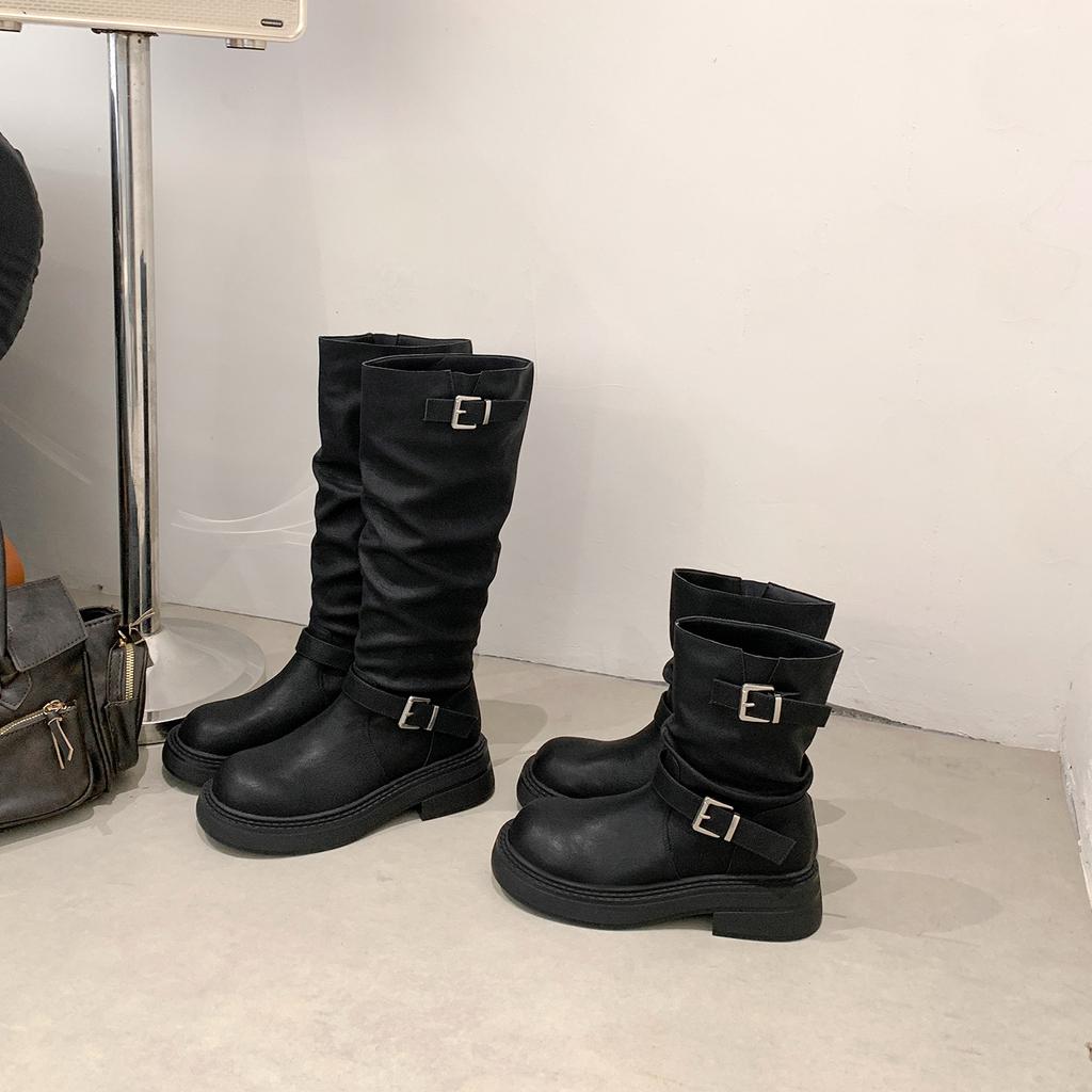 Autumn and winter new height increase cm~ two kinds of tube height retro round head thick heel buckle belt medium tube boots knight boots short tube