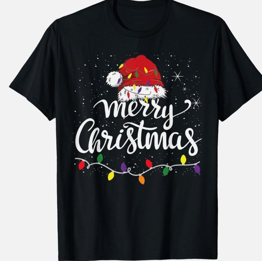 Merry Christmas Lights Red Santa Hat Xmas Family T-Shirt