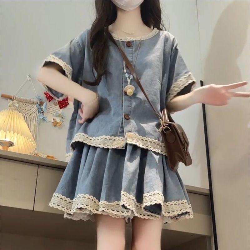 

Summer Retro Denim Top & Lace Skirt Set for Girls S