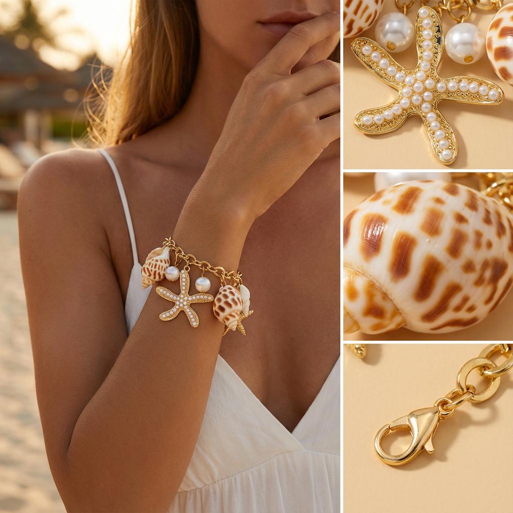Bohemian Starfish Conch Shell Charm Bracelet for Women Gold Color Chain Pearl Tassel Bracelet Summer Beach Jewelry Vacation Gift