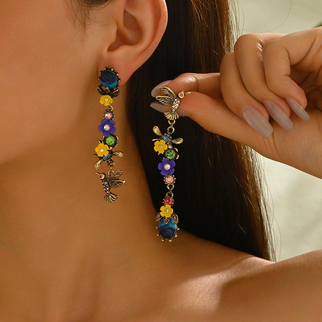 Vintage Asymmetric Flower Bird Long Earrings for Women Luxury Design Tassel Drop Earring Boho Party Jewelry Gifts