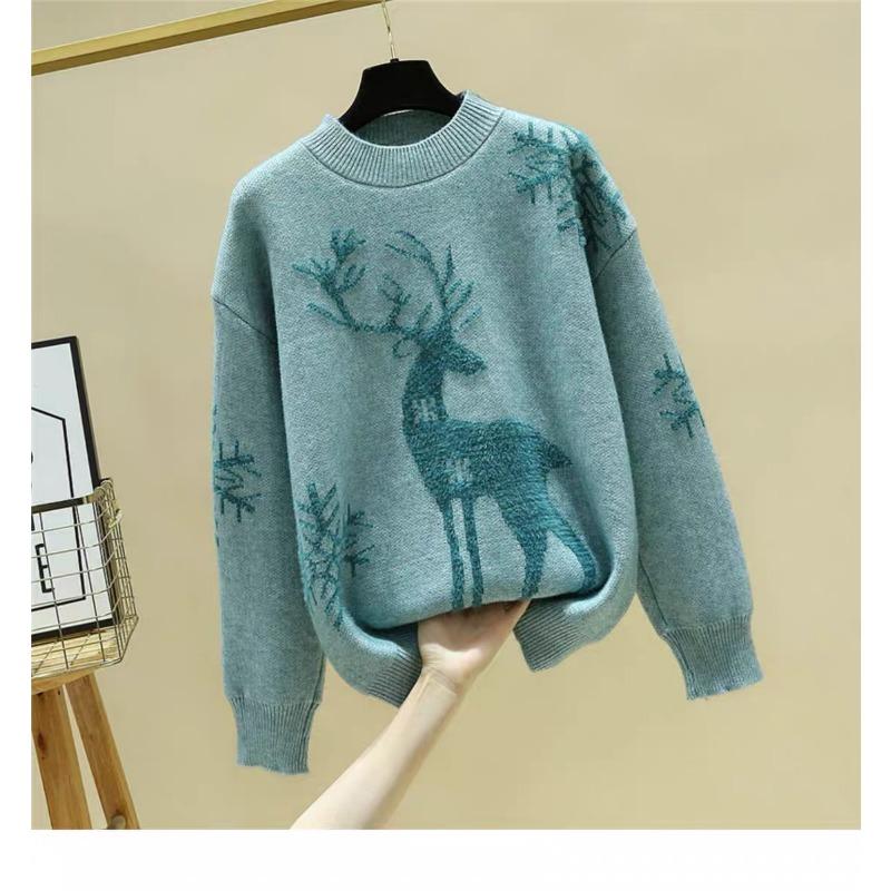 

New Christmas Elk Sweater Women s Autumn and Winter Thickened Loose Ladies Bottom Lazy One size павлин голубой