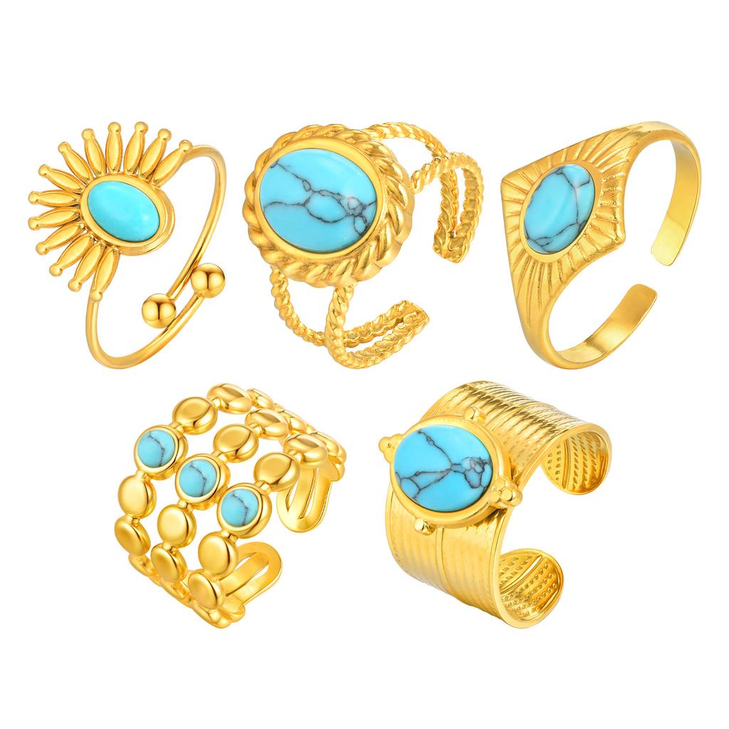 Trendy Geometric Turquoise Opening Ring for Women, Stainless Steel Oval Rings,Fashion Jewelry Mother's Day Gift