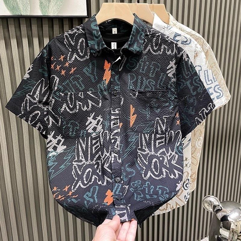 New Men s Summer Shirts Loose Trendy Versatile Cool Looking Shirts with Stylish Prints Casual Short Sleeved Shirts M чёрный