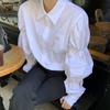 Puff Long Sleeve Women's Shirt White Elastic Pleated Turn Down Collar Blouse Korean Style Spring New Version Loose Sweet Female Top