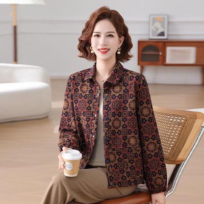 Mom's Autumn Print Zipper Cardigan – 2025 New Loose Lapel Jacket for Middle-Aged and Elderly Women