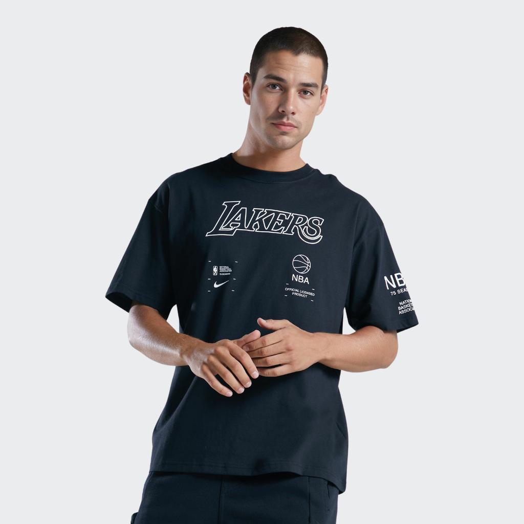 Nike NBA Los Angeles Lakers Courtside Logo Print Crew Neck T-Shirt Men Tops Black DH6745-010