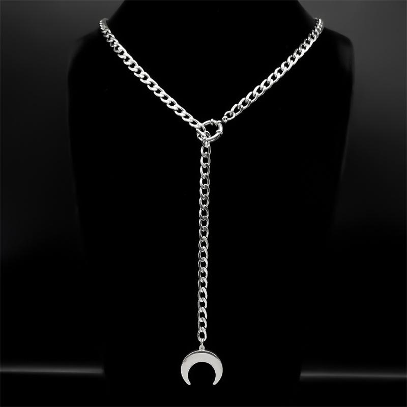 Heart Star O-ring Long Chain Necklace For Women Men Punk Rock Stainless Steel Adjustable Y-Necklace
