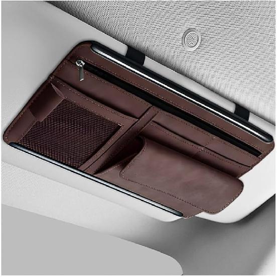 Car Sun Visor Organizer, Leather Sun Visor Pocket Organizer Case With Multi-Pocket Net Zipper, Suede Note Holder Car Visor Storage Pouch For Card Pen