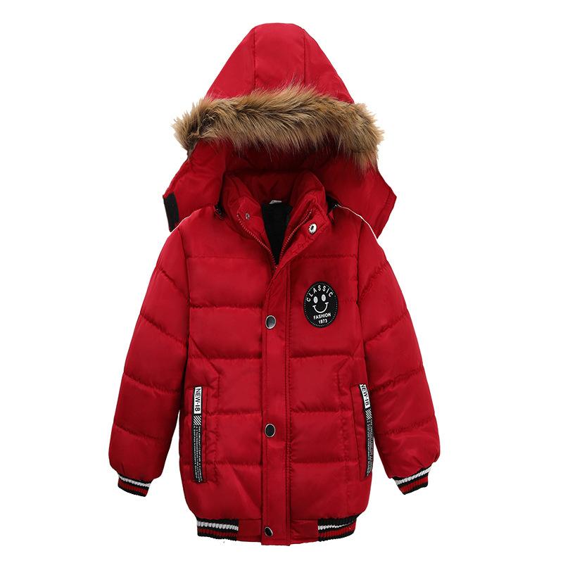 Jongens Jas Herfst Winter Effen Kleur Verdikken Capuchon Rits Mode Bontkraag Kinderen Warmhouden Bovenkleding