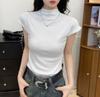 2025 Women's Slimming Korean Style Solid Color Half High Neck Short Sleeve T-shirt for Early Autumn