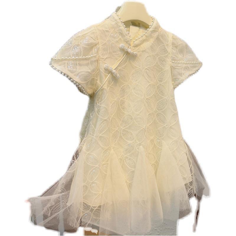 Girls Summer Vintage Cheongsam Dress Elegant Princess Tulle Gown Kids Party Formal Wear Children Clothing