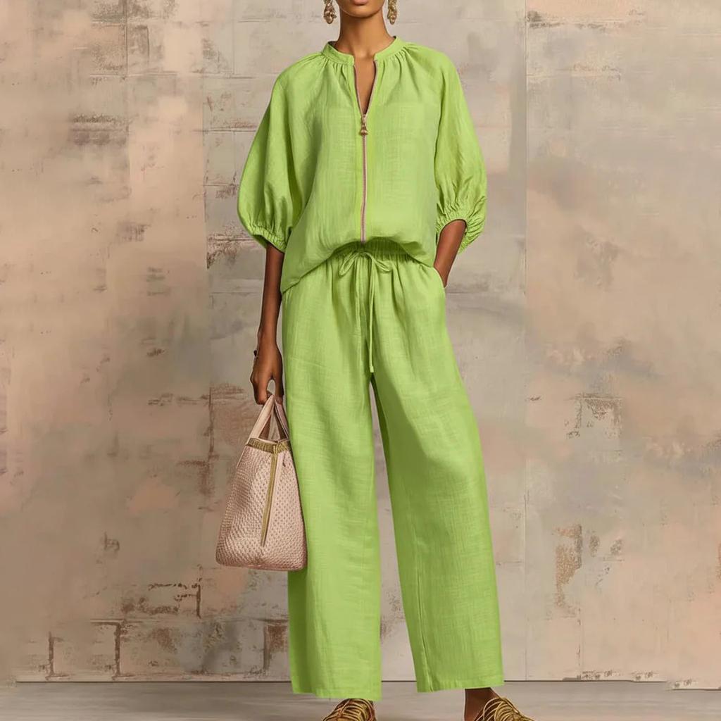 New Arrival Women's Casual Loose 2-Piece Set – Round Neck Zip-Up Top + Wide Leg Pants, Solid Color Loungewear Suit for Travel & Daily Wear