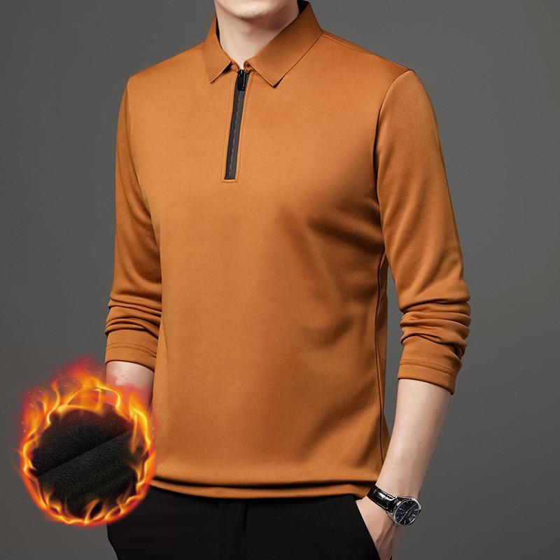 

Men s Fleece-Lined Half-Zip Polo Shirt - Solid Color, Long Sleeve, Turn-Down Collar, Base Layer for Autumn/Winter L for 115-130 jin оранжевый
