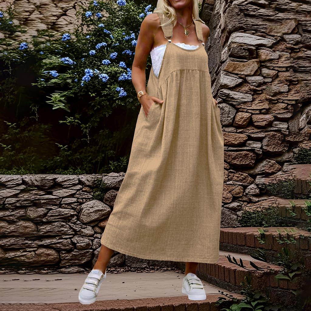 Women Sleeveless Solid Color Pinafore Dress Long Casual Loose Fit Adjustable Strap Maxi Dress with Pockets