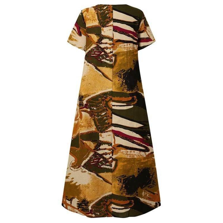 Bohemian Women Dress Long Loose Waist Print Pocket O Neck Spring Summer National Style Sizes S To 5XL