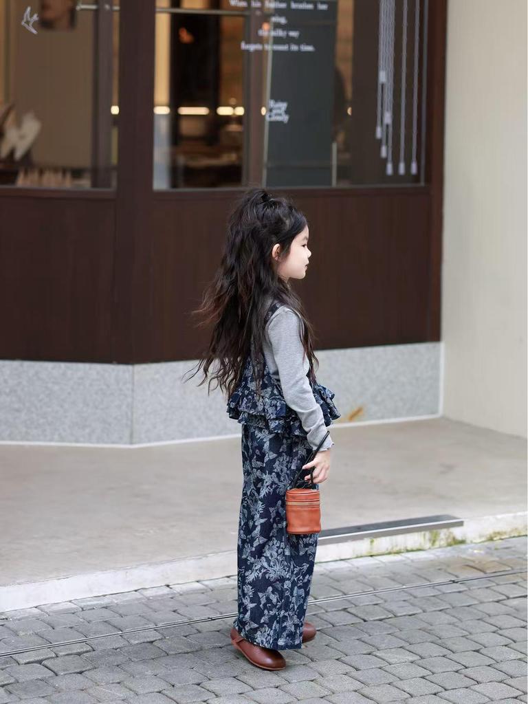 Libala Kids Girls' Autumn Floral Denim Camisole Top & Wide-Leg Pants Set