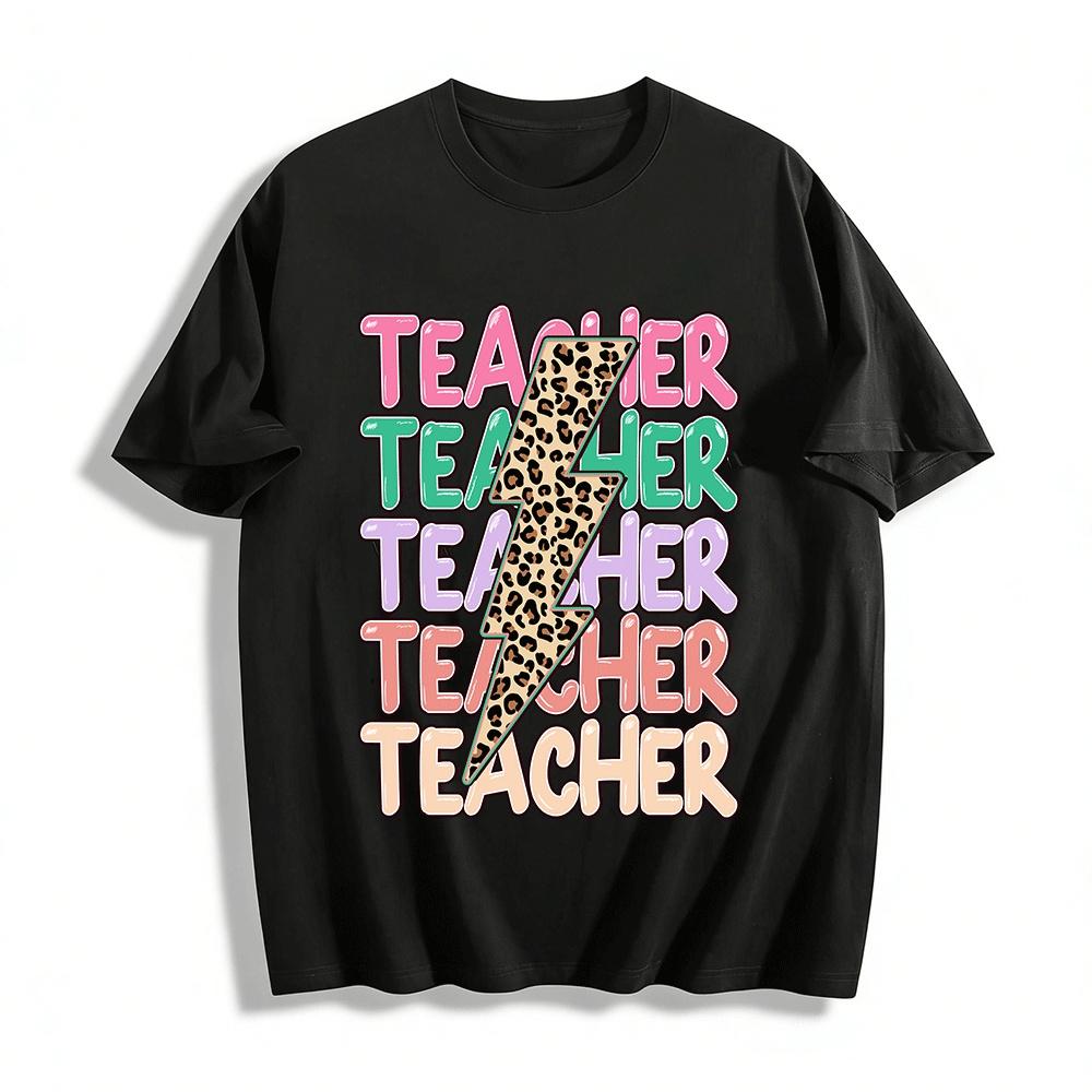 Leopard Lightning Print Teacher Themed Casual Short Sleeve Top Pure cotton T-shirt XXS
