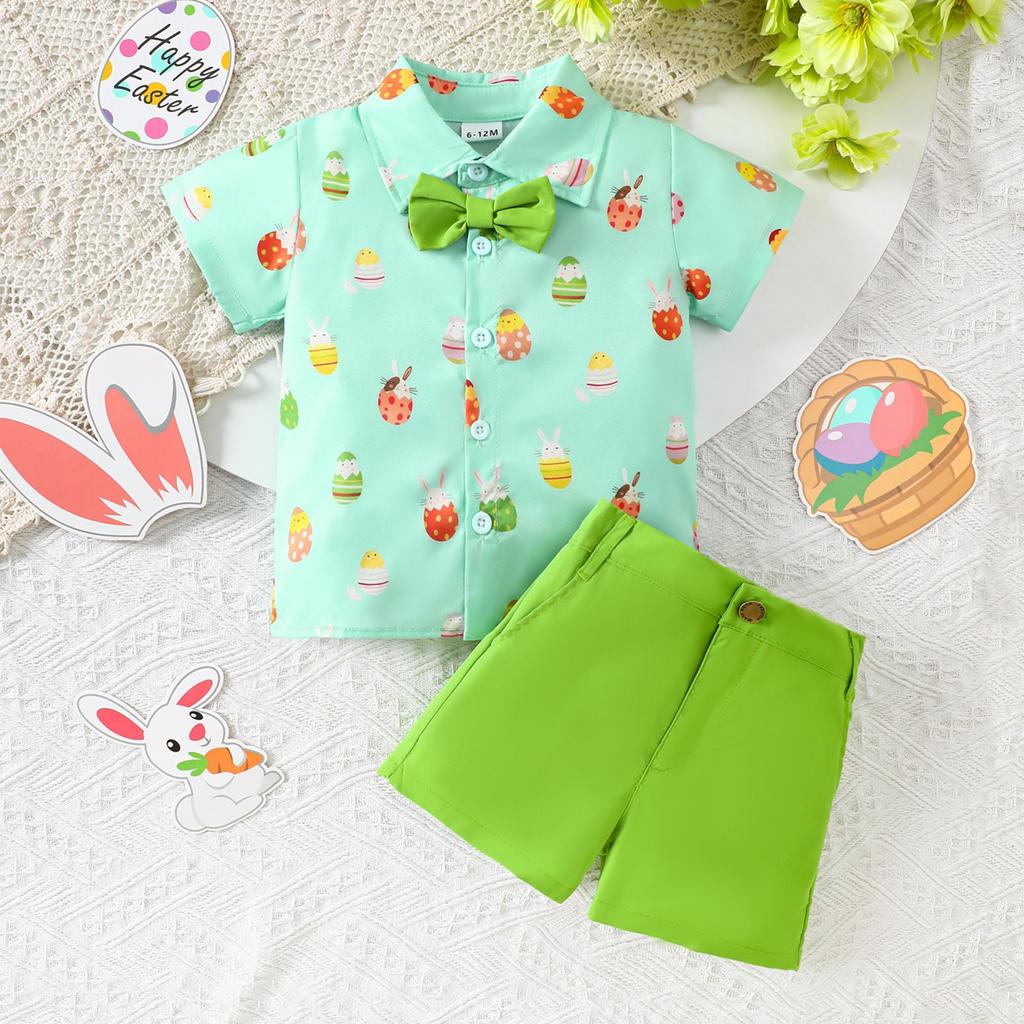 Children's Fashion Cartoon Short Sleeve Top With Bowknot Shorts Set