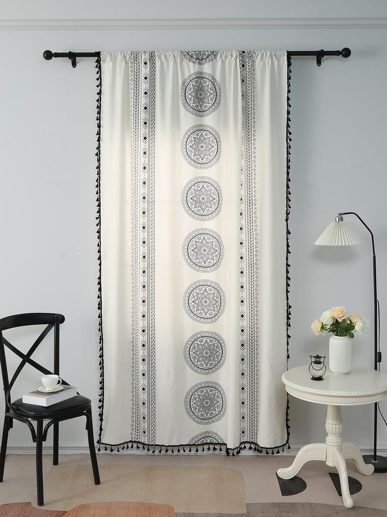 Korean Living Room Balcony Bohemian Cotton And Linen Blackout Black Printing Floor Partition Curtains